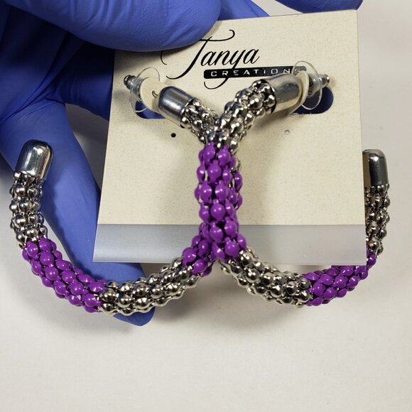 Purple & Silver Braided Beaded Hoop Earrings –Bold Statement Fashion Jewelry - Picture 9 of 9
